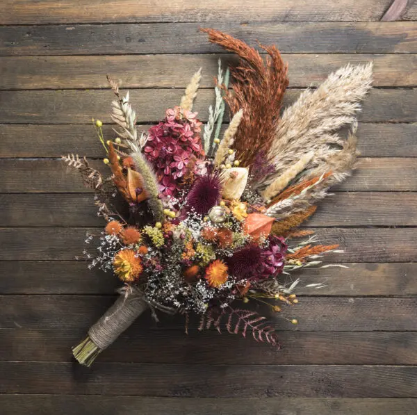 Autumn Bridal Wedding Bouquet - fall burgundy burnt orange thistle pampas grass wildflower