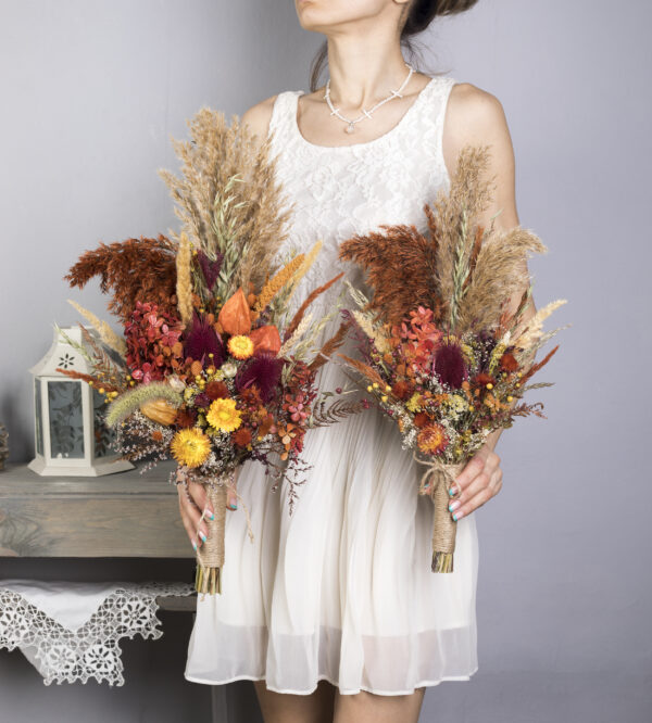 Autumn Bridal Wedding Bouquet – fall burgundy burnt orange thistle pampas grass wildflower