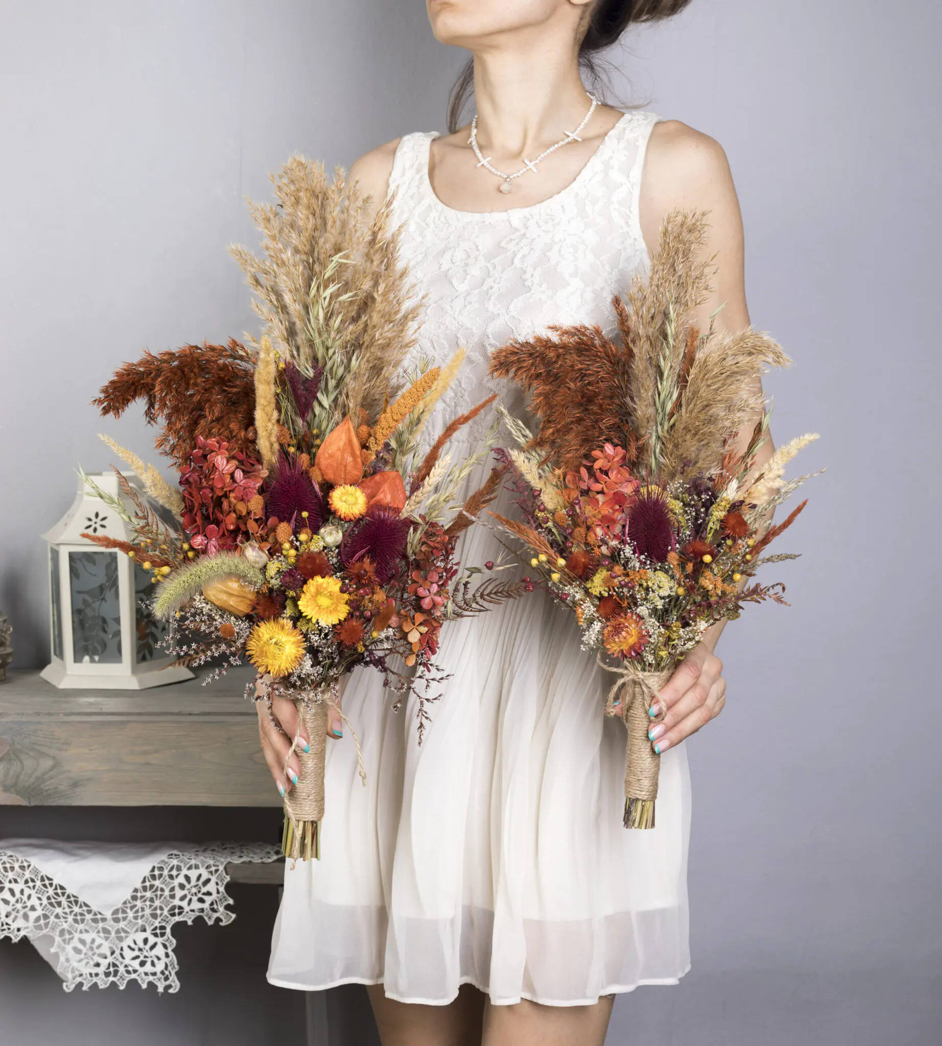 Autumn Bridesmaid Wedding Bouquet with Hydrangea - fall burgundy burnt orange thistle pampas grass wildflower - Image 5