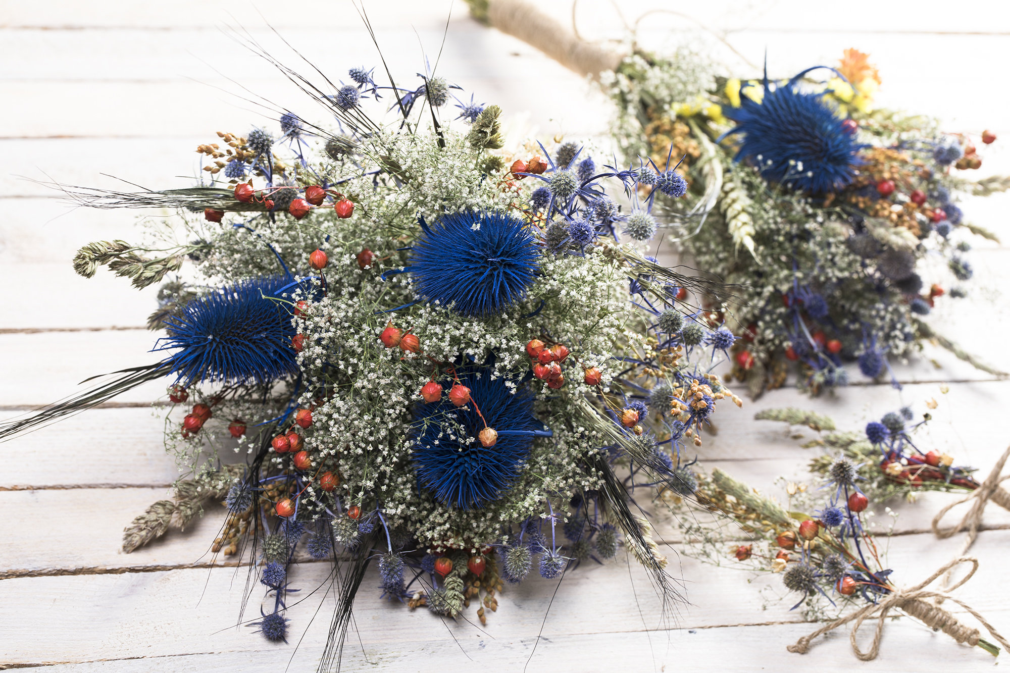 Royal blue Dried flower winter thistle bouquet golden wedding