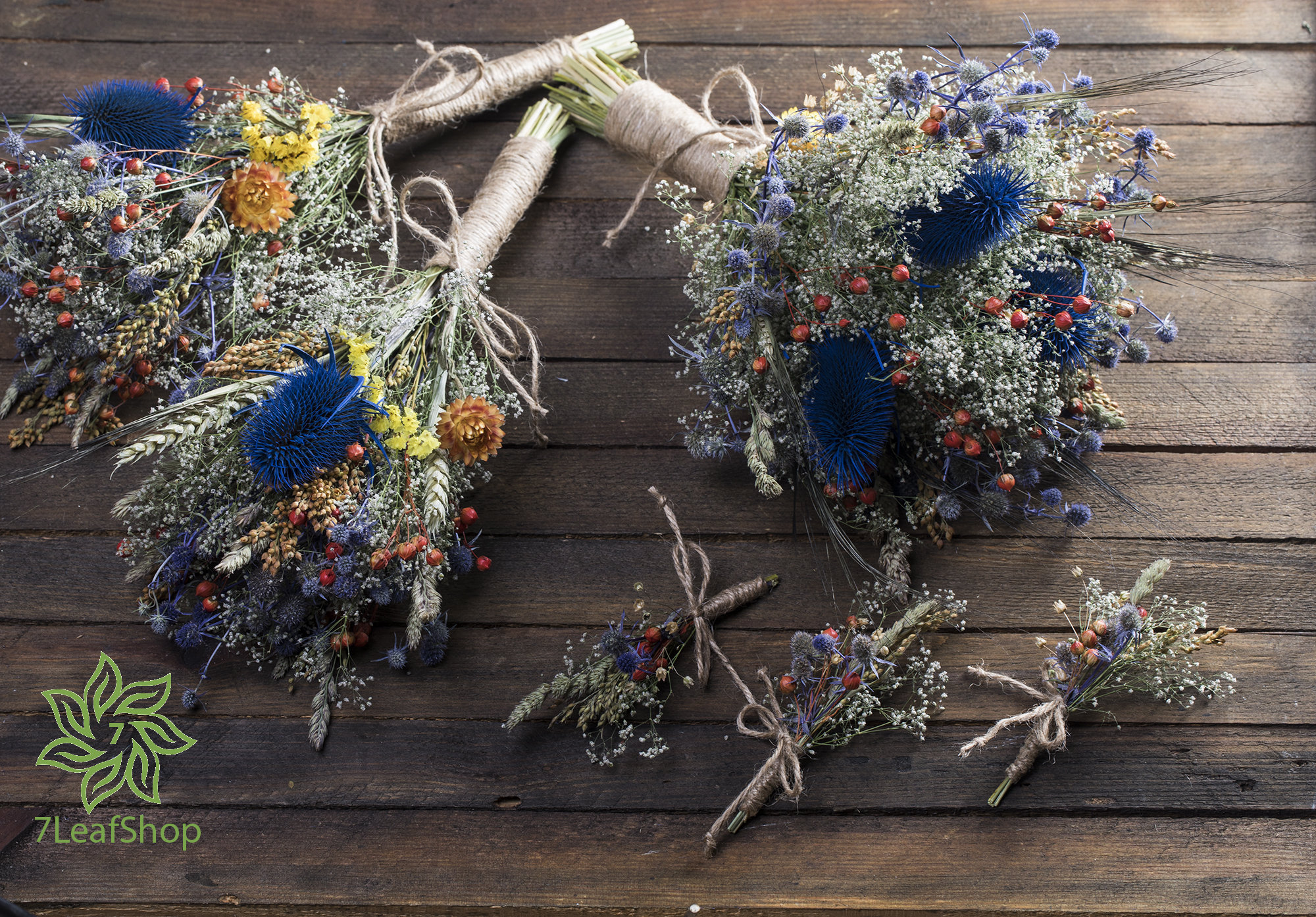 Royal blue Dried flower winter thistle bouquet golden wedding dried flower  arrangement rustic home decor woodland wedding farmhouse bouquet –  7LeafShop Wedding Bouquets