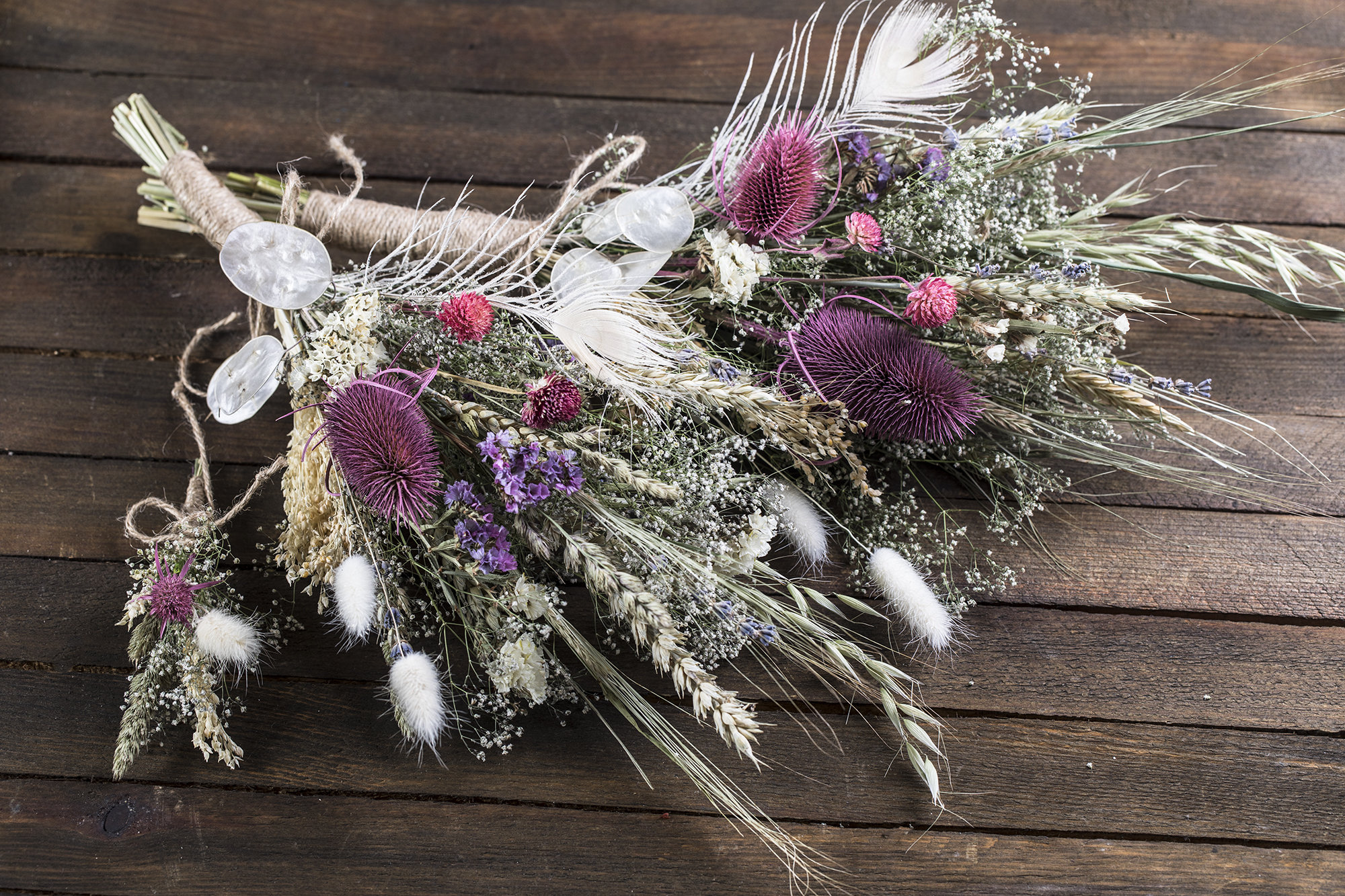 Dried flower thistle rose bouquet with dried lunaria babybreath flowers dried flower arrangement rustic home decor rustic wedding