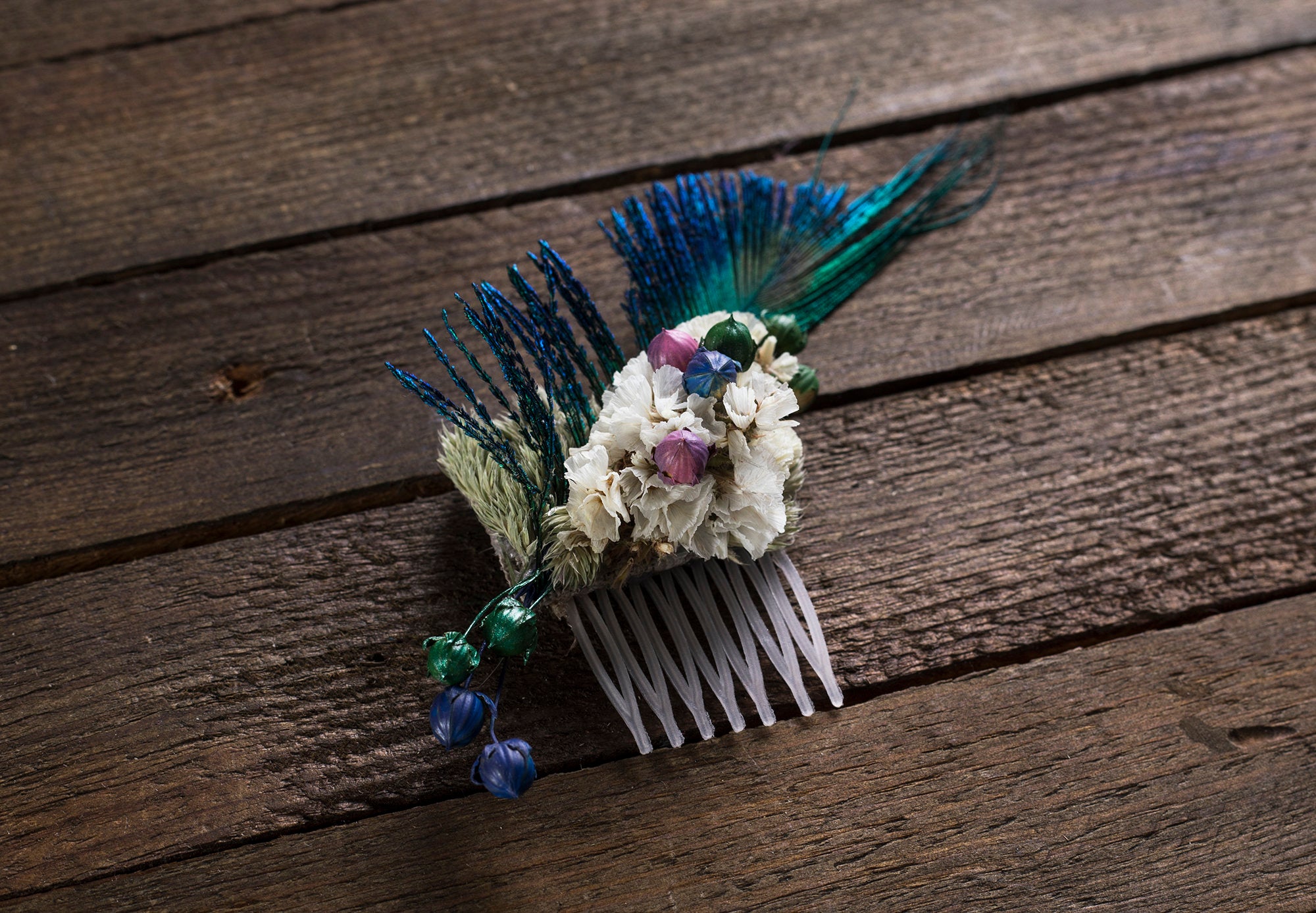 Floral Hair Comb feather mini bridal bridesmaid dried flower Hair accessories woodland rustic wedding peacock feather personalized combs
