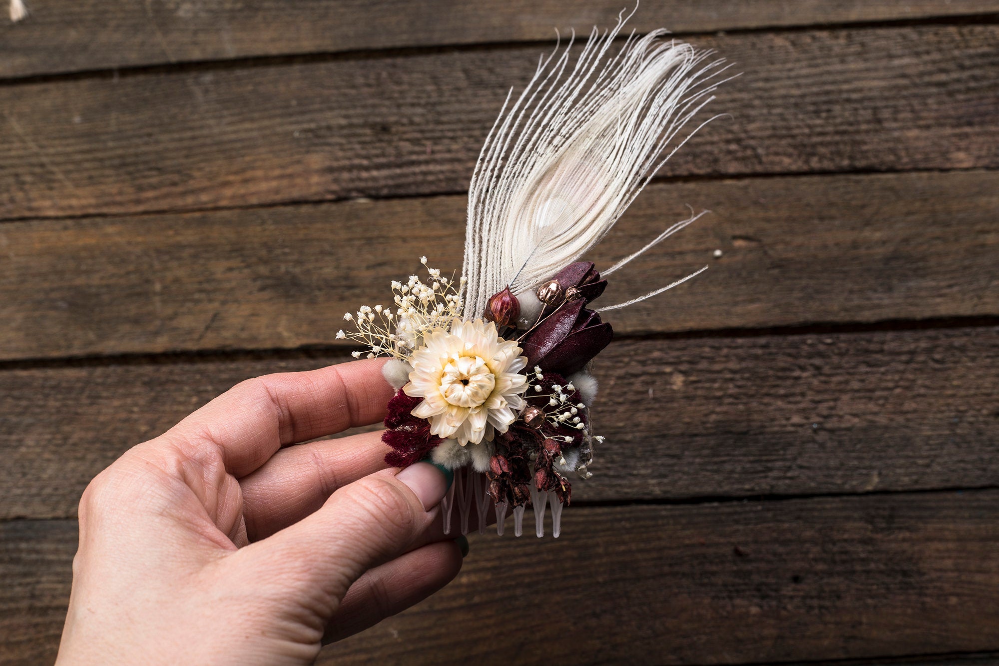 Floral Hair Comb feather mini bridal bridesmaid dried flower Hair accessories woodland rustic wedding peacock feather personalized combs