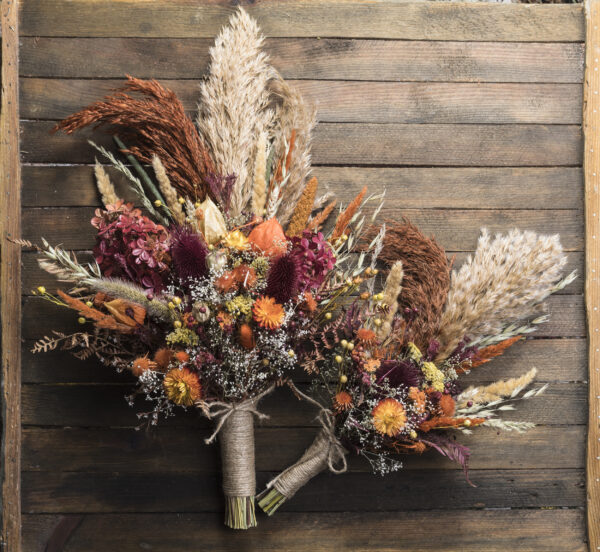 Autumn wedding bouquet Set – burgundy orange pampas grass teasel thistle