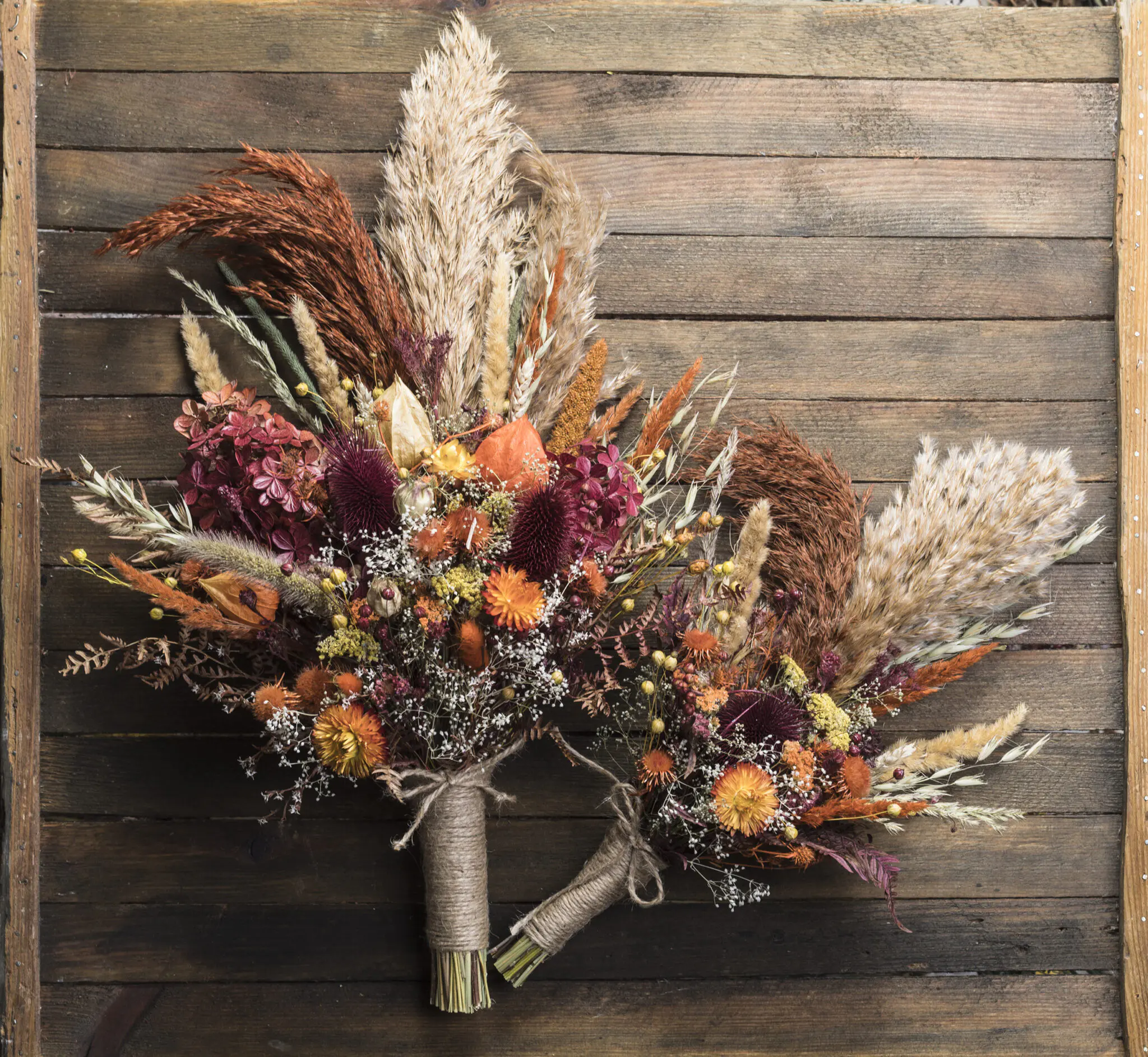 Autumn Bridesmaid Wedding Bouquet - fall burgundy burnt orange thistle pampas grass wildflower - Image 2