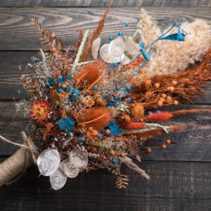 Orange black gold gothic wedding bouquet – fall autumn with teasel pampas grass thistle dried flowers