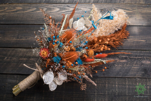 Autumn Teal wedding bouquet Set – teal orange pampas grass teasel thistle
