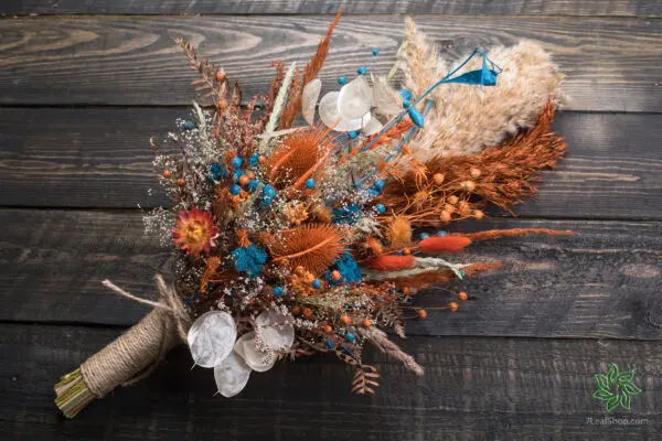 Autumn Teal Bridal Wedding Bouquet - fall burgundy burnt orange thistle pampas grass wildflower