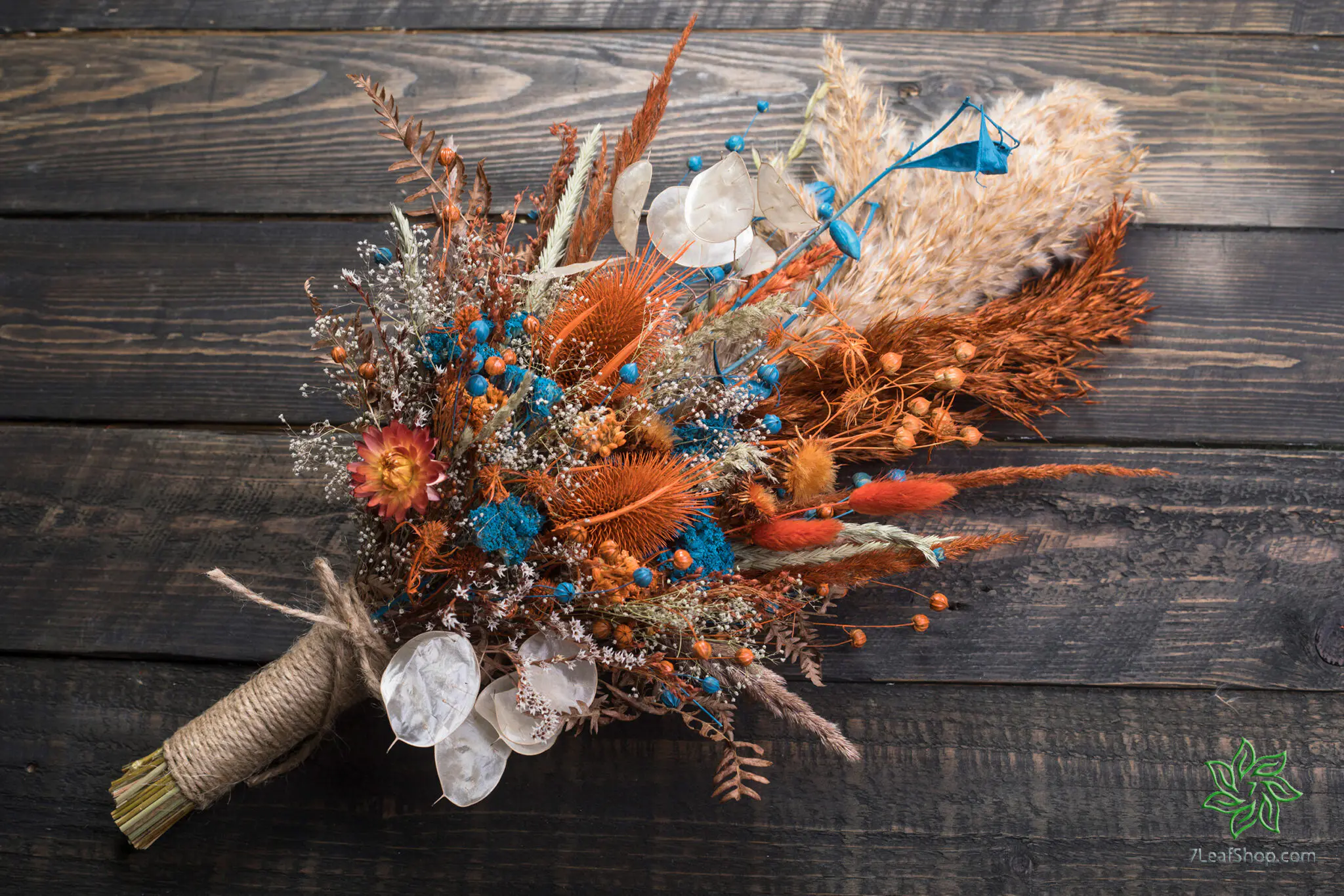 Autumn Teal Bridal Wedding Bouquet - fall burgundy burnt orange thistle pampas grass wildflower
