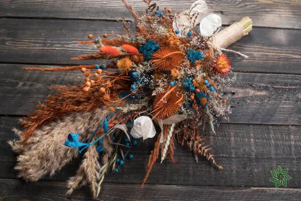 Autumn Teal Bridal Wedding Bouquet - fall burgundy burnt orange thistle pampas grass wildflower - Image 2