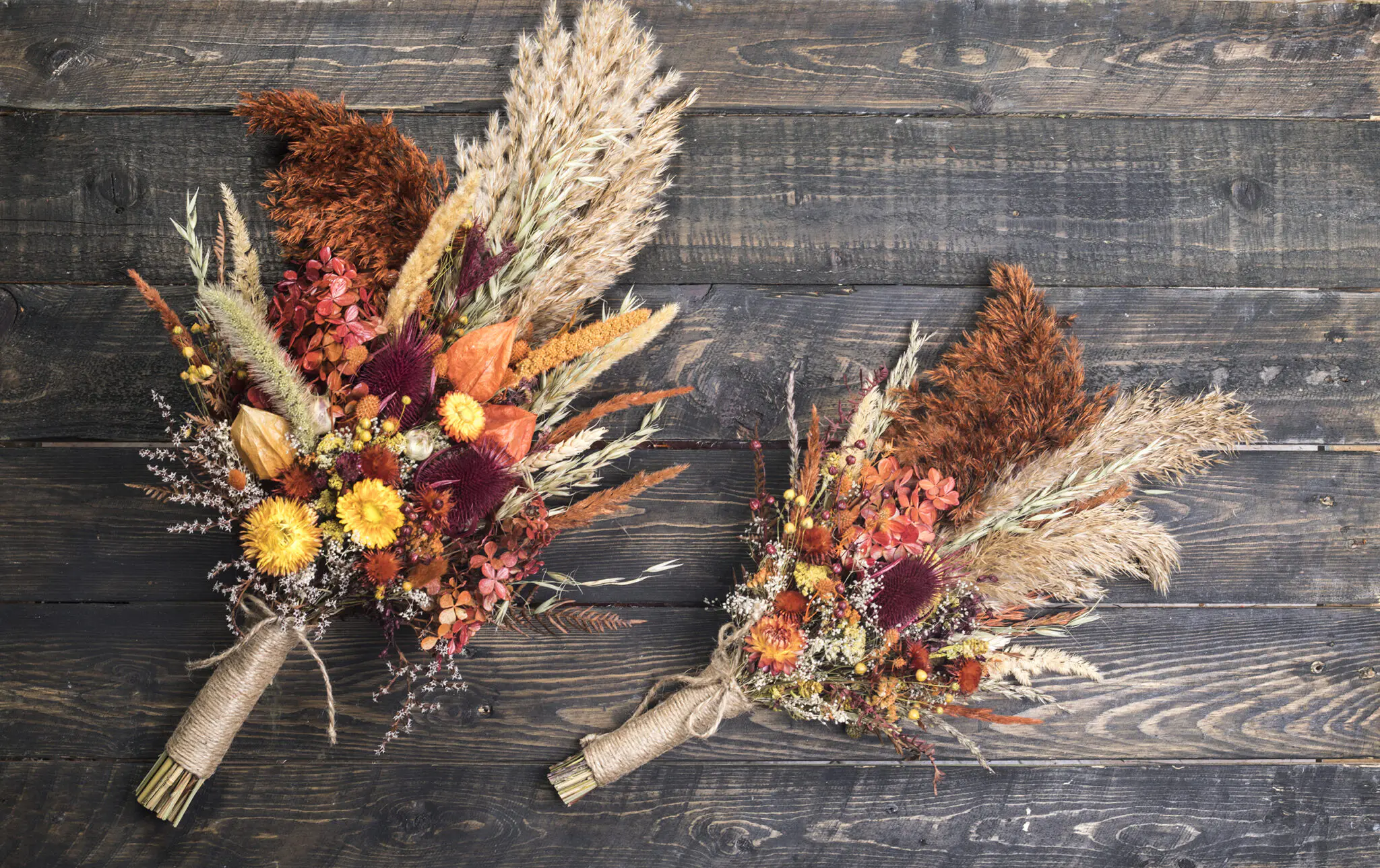 Autumn Bridesmaid Wedding Bouquet with Hydrangea - fall burgundy burnt orange thistle pampas grass wildflower - Image 3
