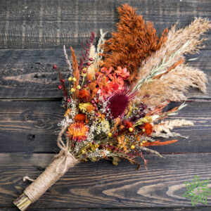 Burgundy orange wedding bouquet – fall autumn with pampas grass teasel thistle dried flowers
