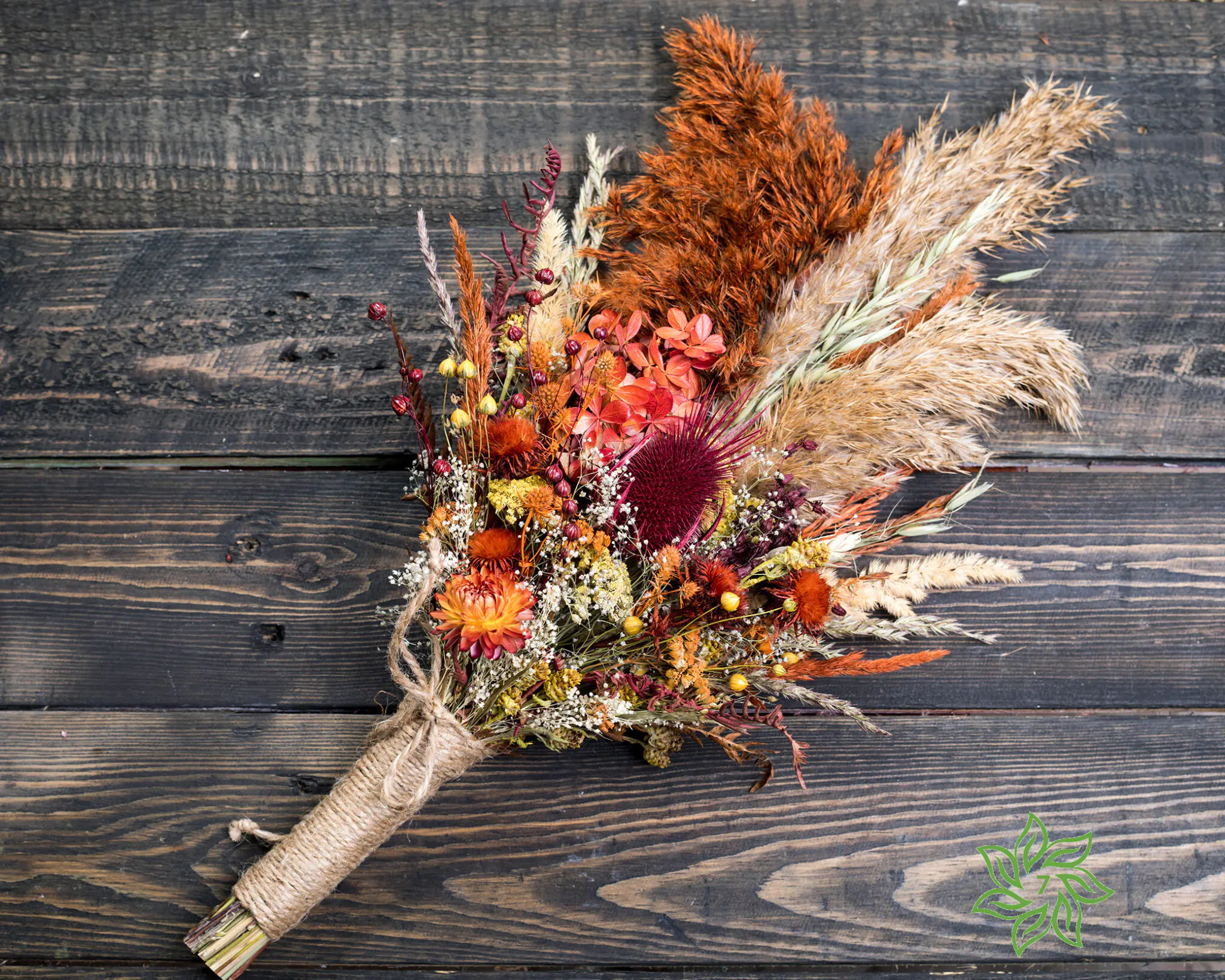 Autumn Bridesmaid Wedding Bouquet with Hydrangea - fall burgundy burnt orange thistle pampas grass wildflower