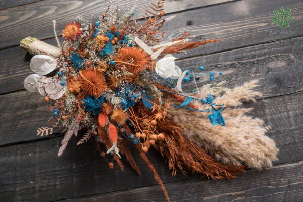Autumn Teal Bridal Wedding Bouquet - fall burgundy burnt orange thistle pampas grass wildflower - Image 3