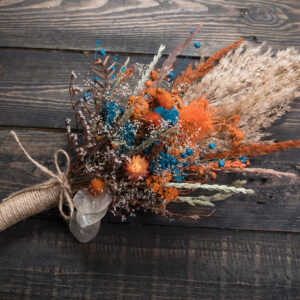 Burgundy orange wedding bouquet – fall autumn with pampas grass teasel thistle dried flowers