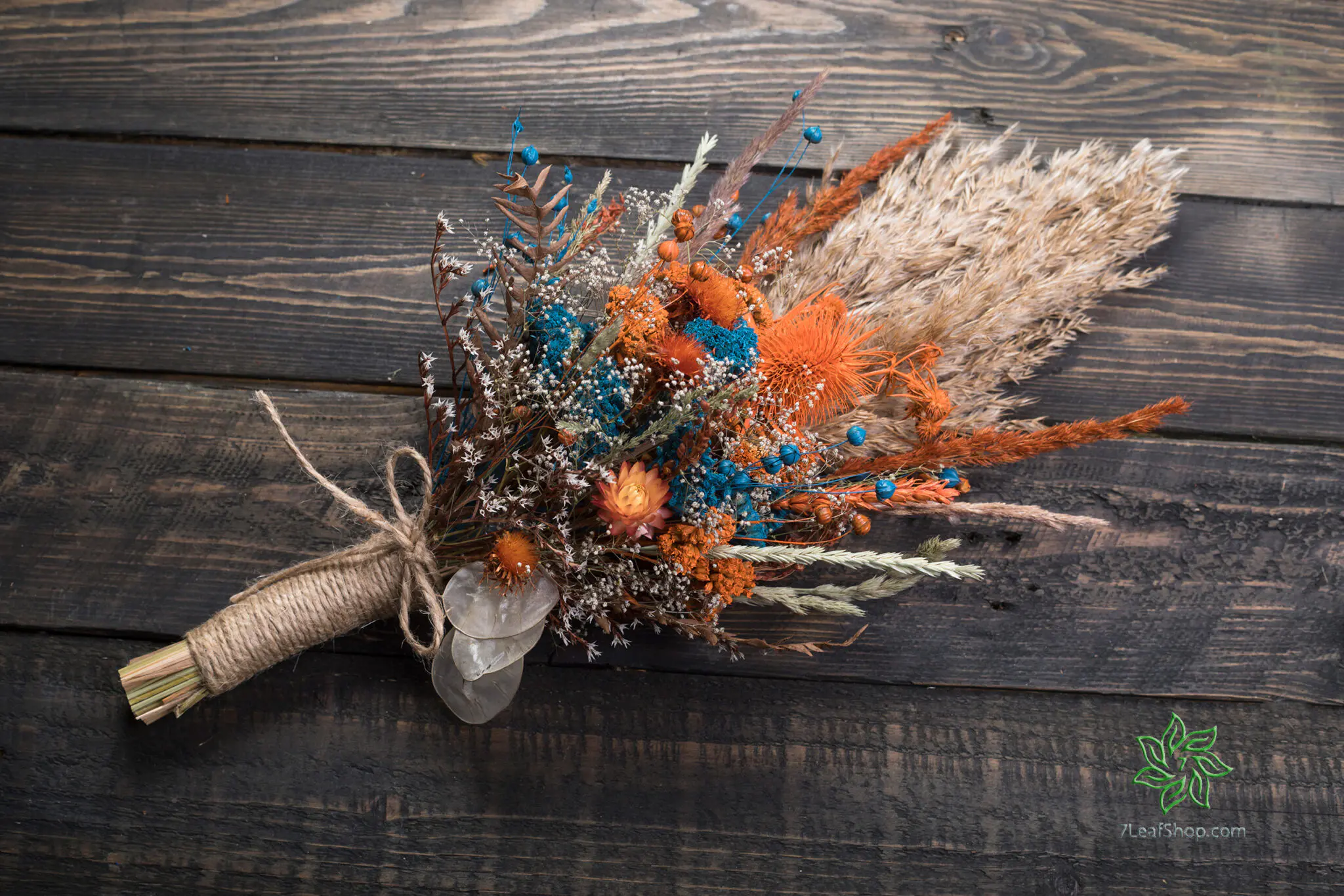 Autumn Teal wedding bouquet Set - teal orange pampas grass teasel thistle - Image 3