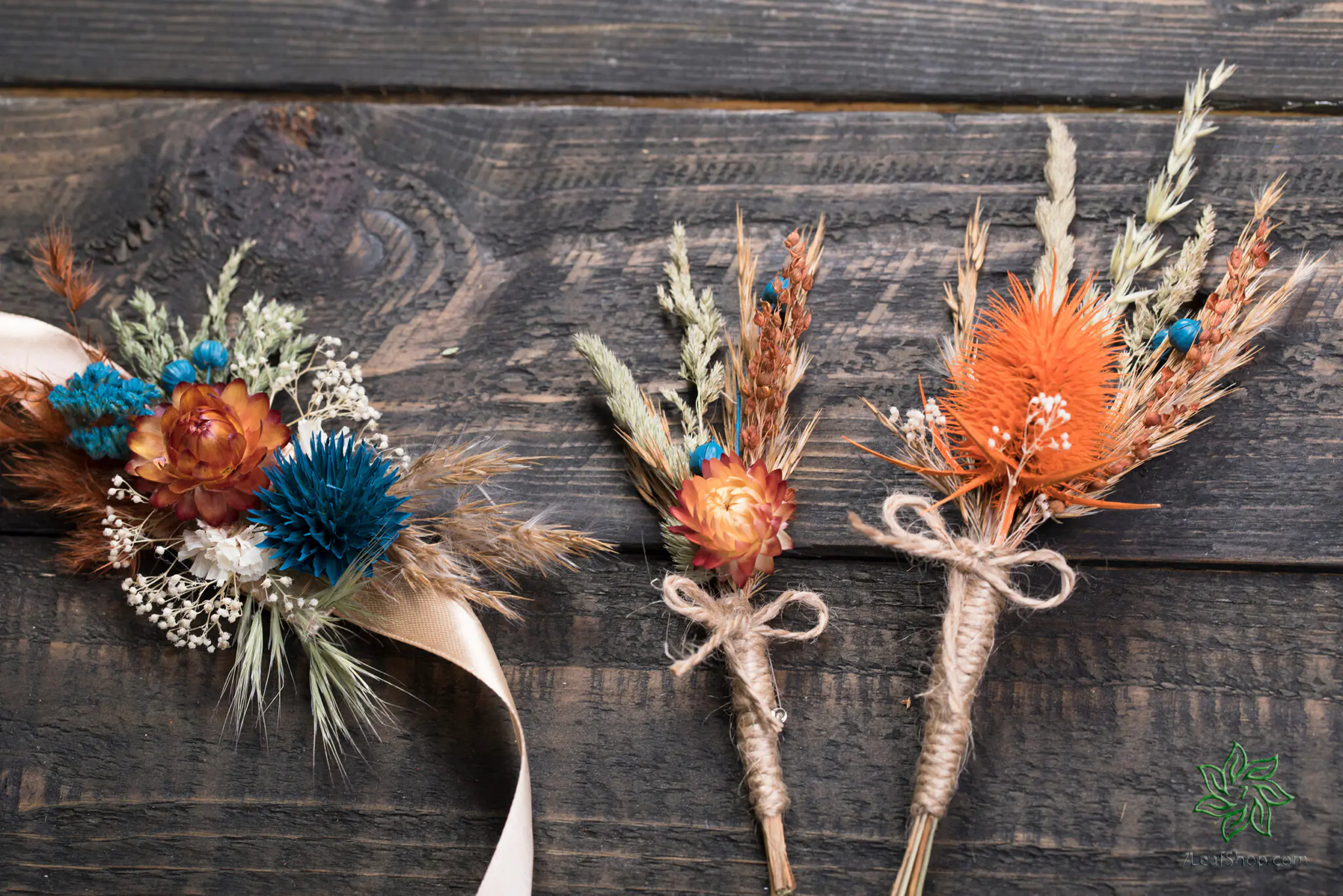 Autumn Teal wedding bouquet Set - teal orange pampas grass teasel thistle - Image 8