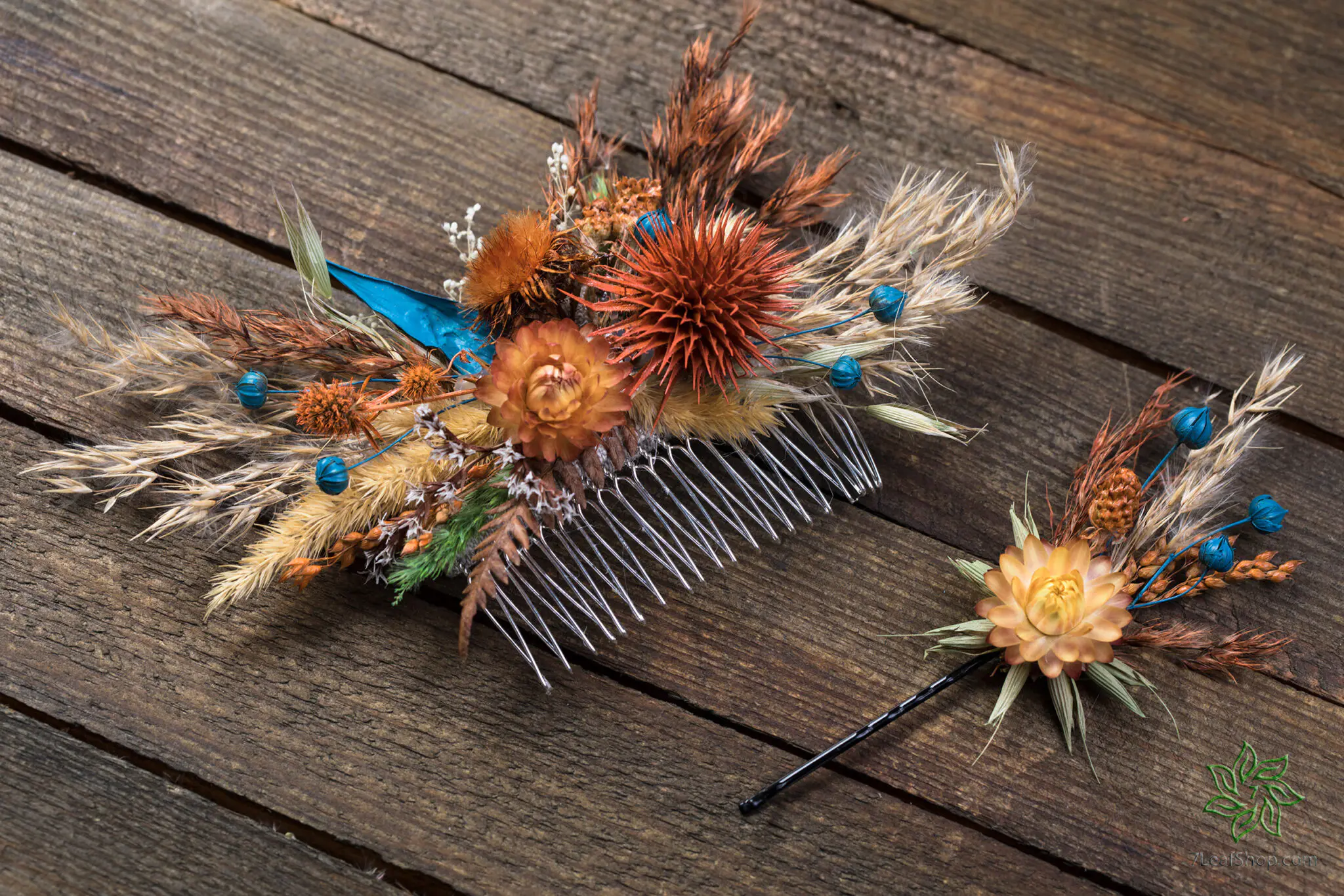 Autumn Teal wedding bouquet Set - teal orange pampas grass teasel thistle - Image 11
