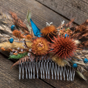 Orange burgundy with hydrangea pheasant feathers wedding bouquet – fall autumn pampas grass teasel dried thistle flowers