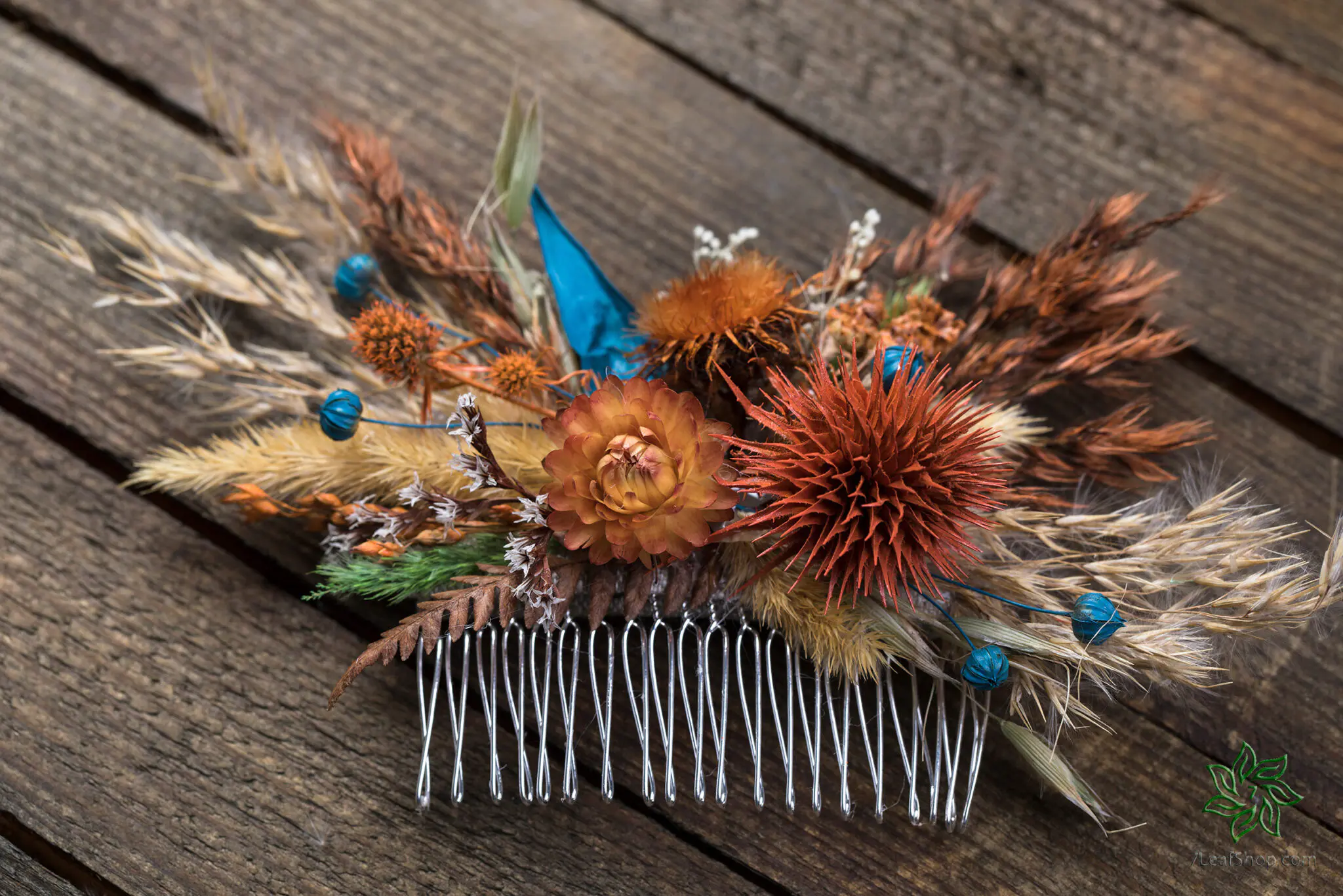 Autumn Teal wedding bouquet Set - teal orange pampas grass teasel thistle - Image 12