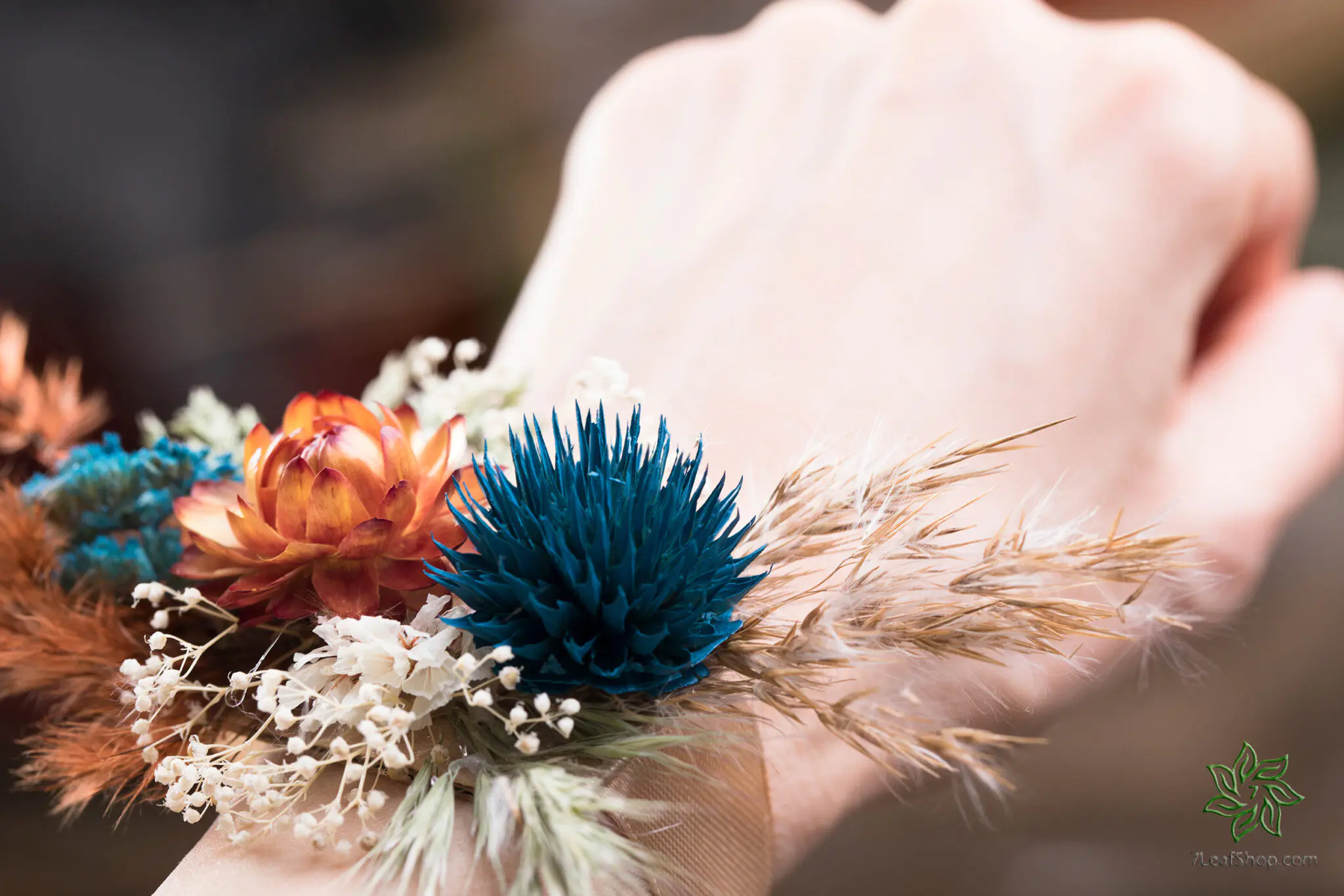 Autumn Teal wedding bouquet Set - teal orange pampas grass teasel thistle - Image 9