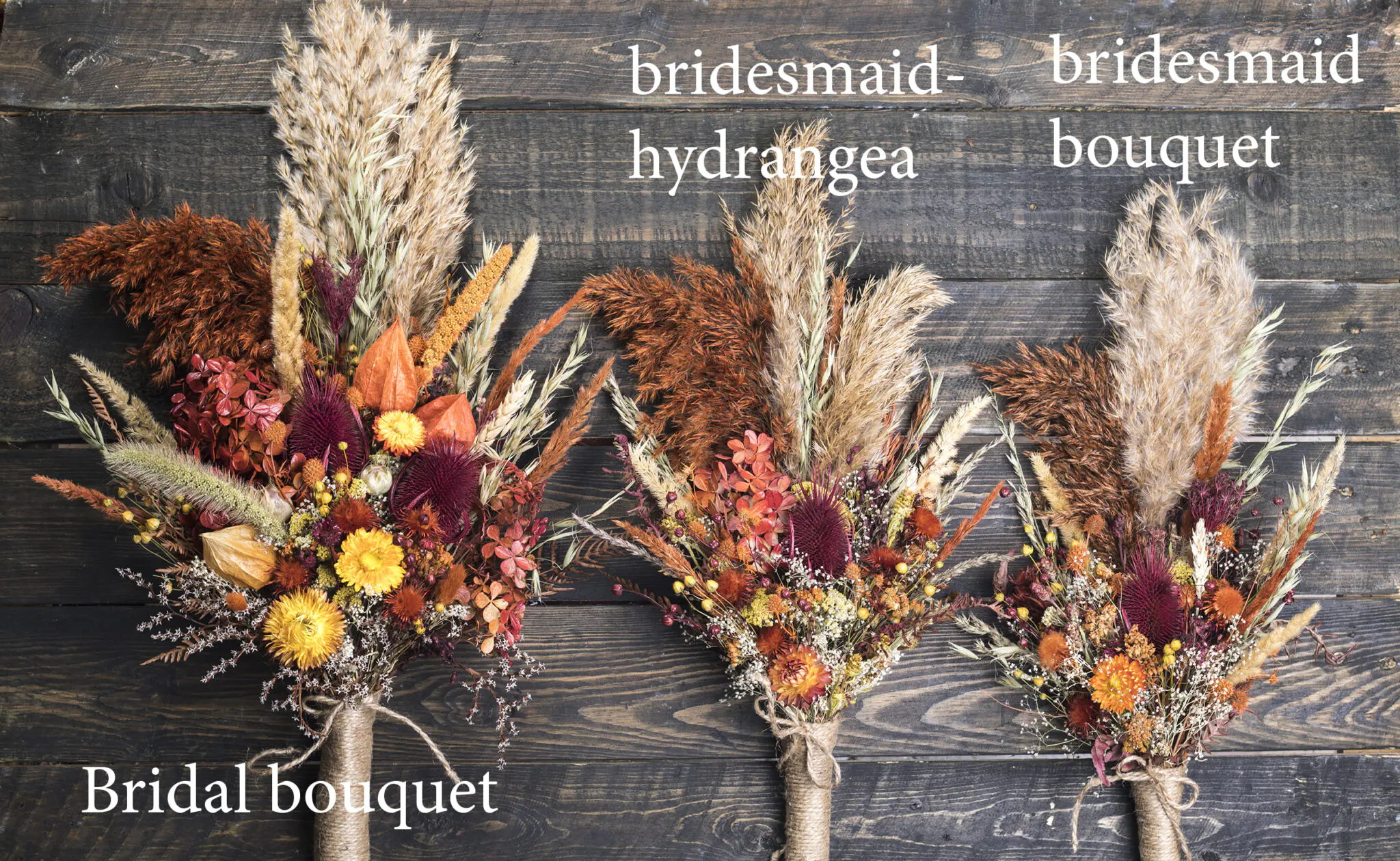 Autumn Bridesmaid Wedding Bouquet with Hydrangea - fall burgundy burnt orange thistle pampas grass wildflower - Image 4