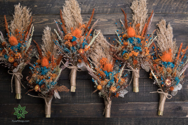 Autumn Teal wedding bouquet Set – teal orange pampas grass teasel thistle