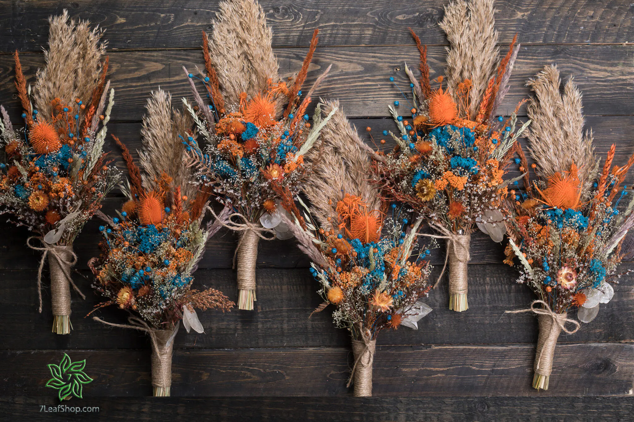 Autumn Teal wedding bouquet Set - teal orange pampas grass teasel thistle - Image 4