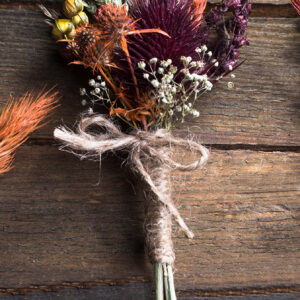 Burgundy orange eucalyptus wedding bouquet – fall autumn thistle pampas grass teasel dried flowers