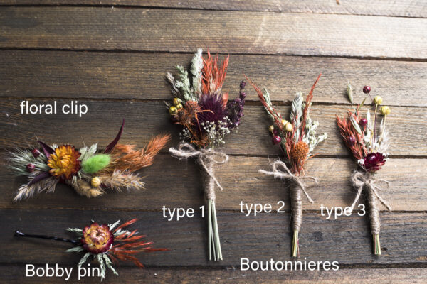 Floral Clip, Bobby pin and 3 types of wedding boutonnieres