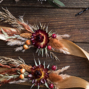 Orange blue emerald green wedding bouquet – fall autumn with pampas grass thistle teasel dried flowers