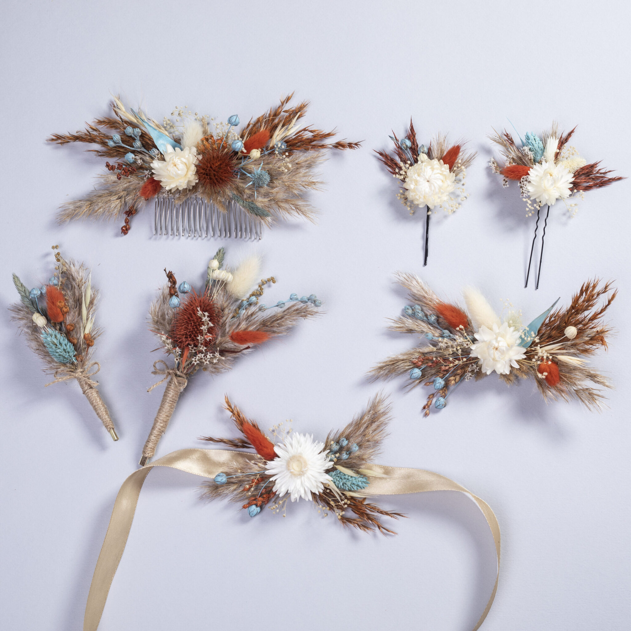 Royal blue Dried flower thistle bouquets wedding set dried flower