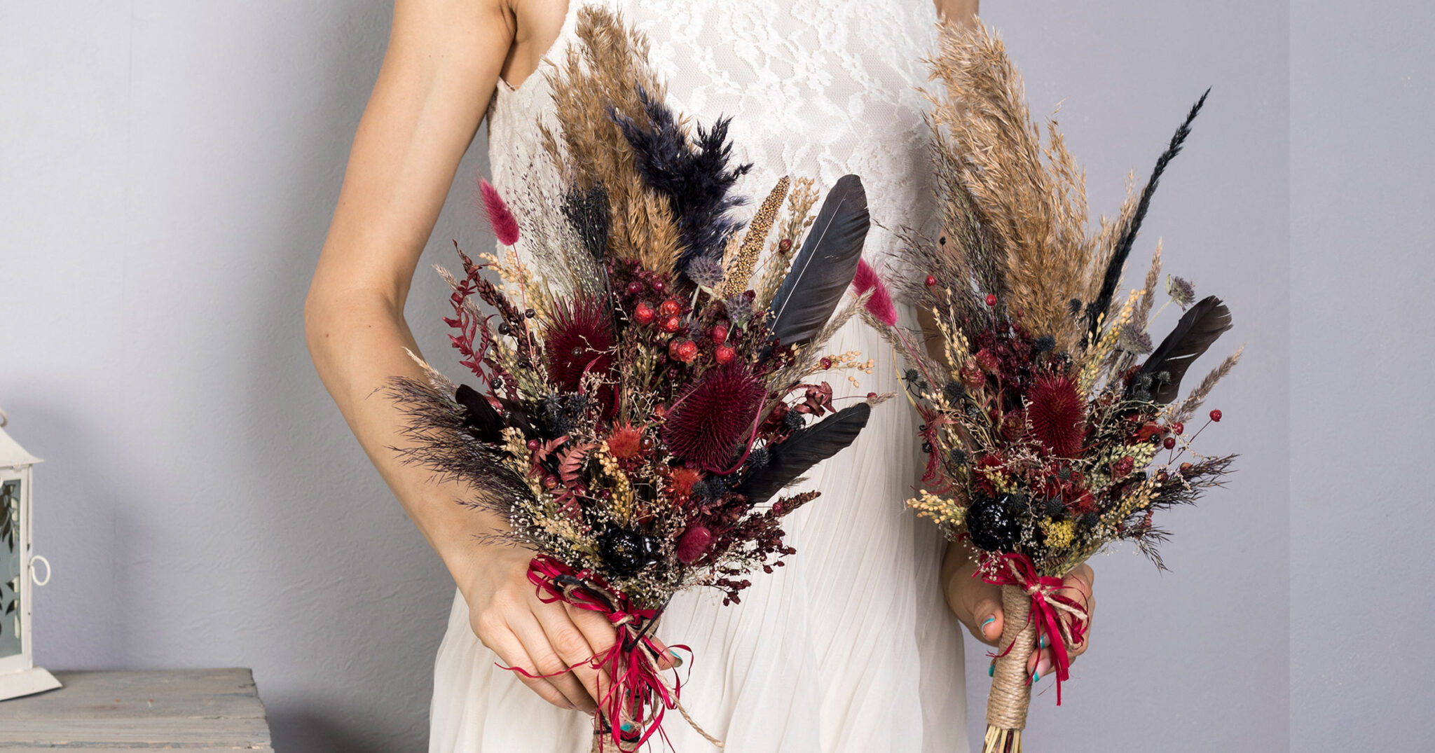 wedding-sets - fall-autumn-burgundy-black-gothic-pampas-grass-wedding-bouquet-with-teasel-thistle-dried-flowers-SET-2021-06