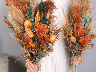 Gallery 8 wedding-sets - fall-autumn-orange-blue-emerald-green-wedding-bouquet-with-pampas-grass-thistle-teasel-dried-flowers-SET-2021-10