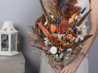 Gallery 16 wedding-sets - fall-autumn-orange-burgundy-with-hydrangea-pheasant-feathers-wedding-bouquet-pampas-grass-teasel-dried-thistle-flowers-SET-2021-12