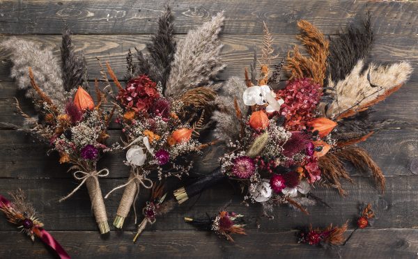Burgundy black gothic wedding bouquet set – Black Orange Burgundy pampas grass teasel feather thistle dried flowers