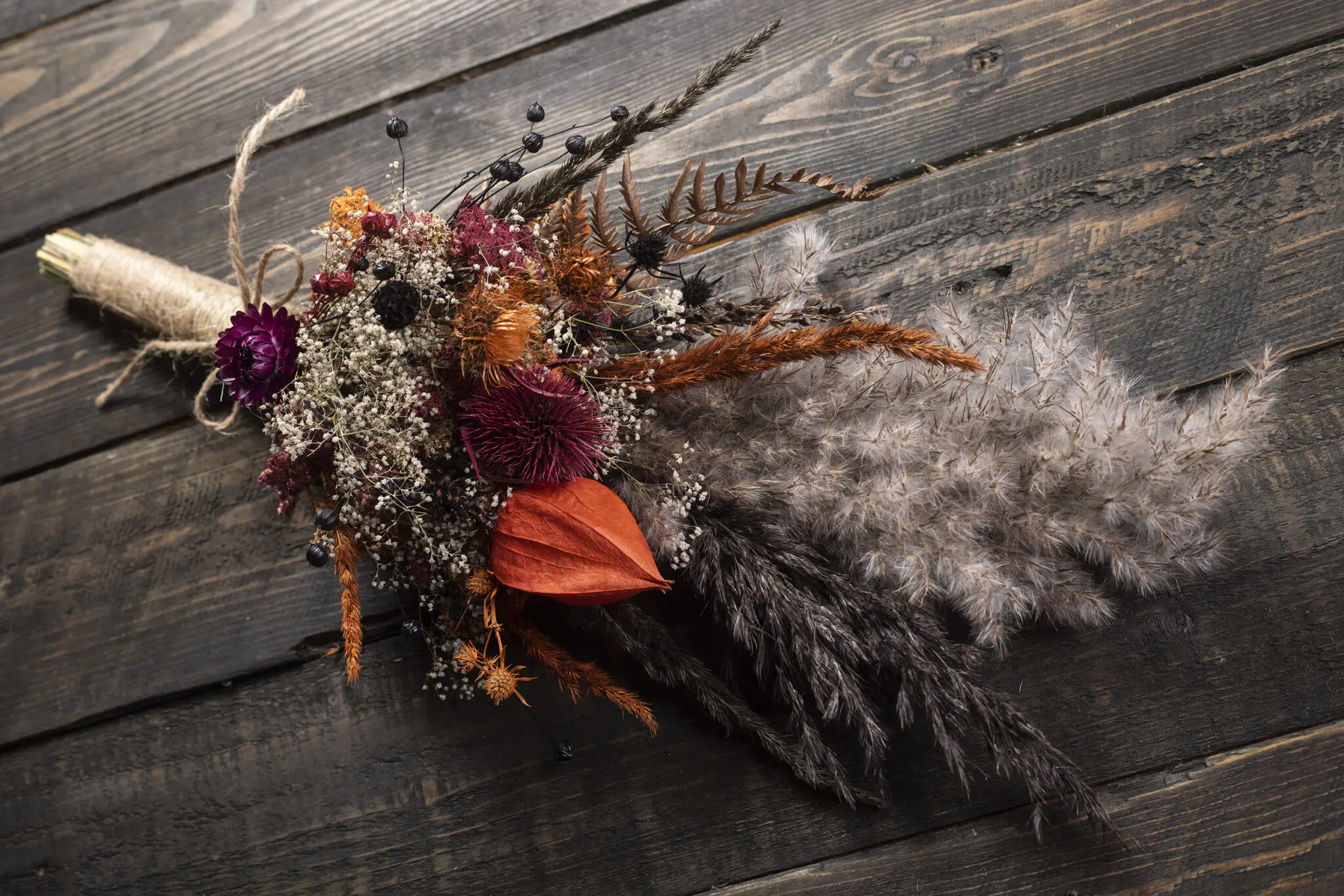 Bridesmaid Wedding Bouquet - Black Orange Burgundy - Image 2