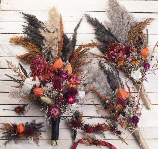 Burgundy black gothic wedding bouquet set – Black Orange Burgundy pampas grass teasel feather thistle dried flowers