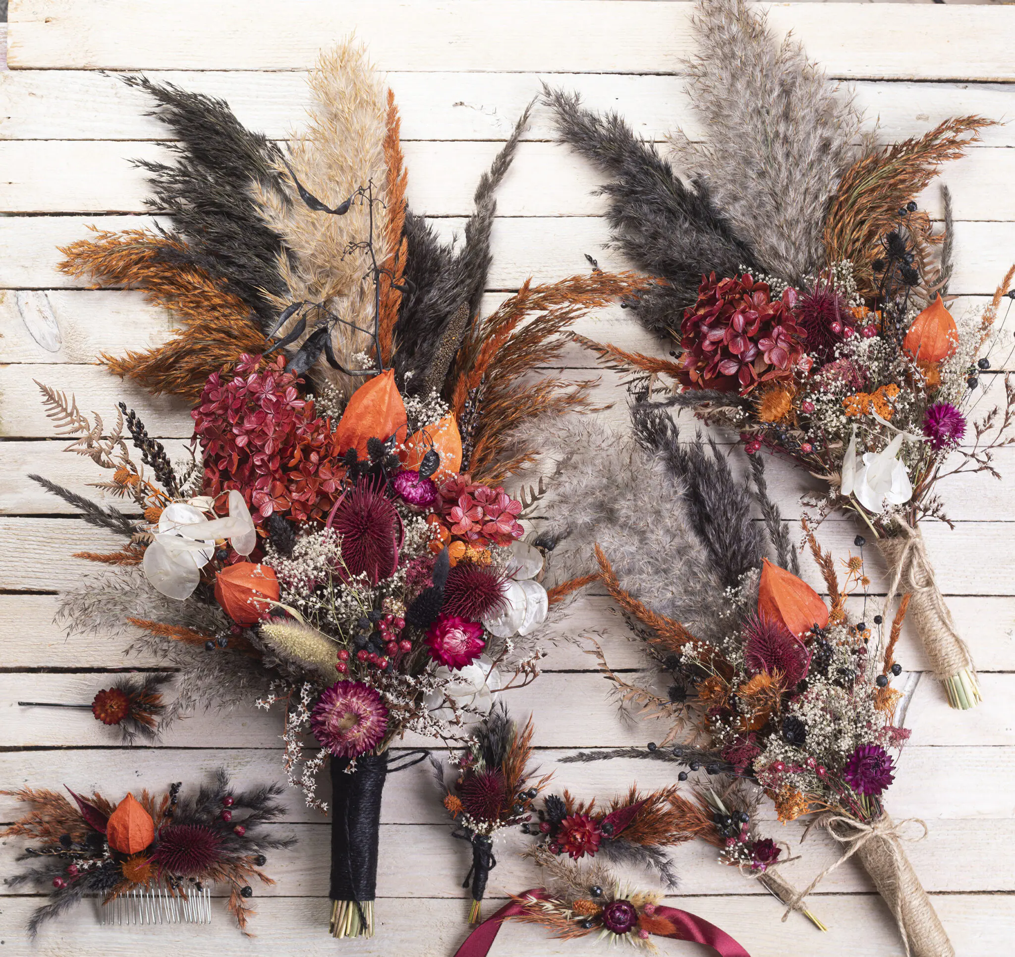 Burgundy black gothic wedding bouquet set - Black Orange Burgundy pampas grass teasel feather thistle dried flowers - Image 6