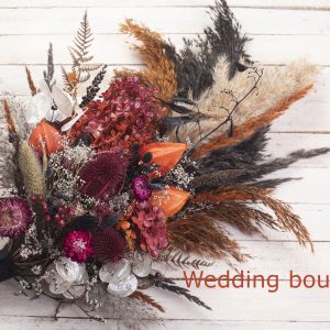 Autumn Bridal Wedding Bouquet – fall burgundy burnt orange thistle pampas grass wildflower