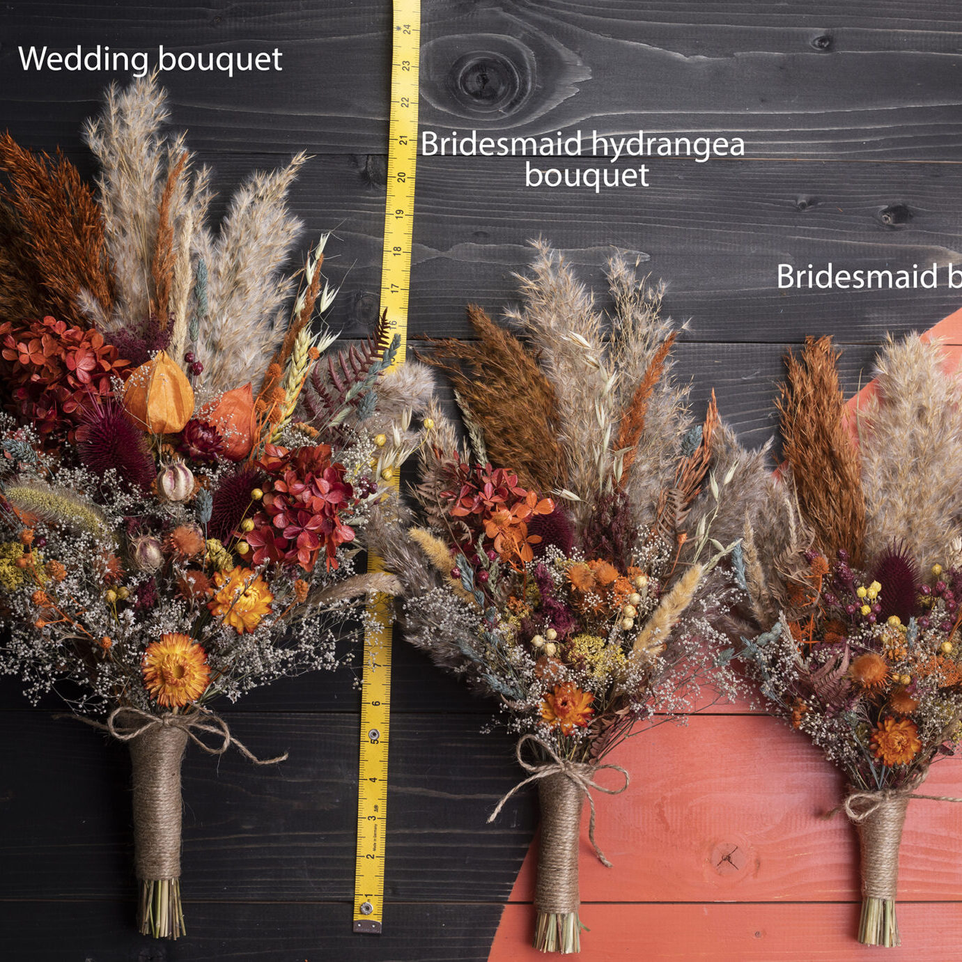 Orange Burgundy Wedding bouquet Set - burgundy orange pampas grass thistle 23