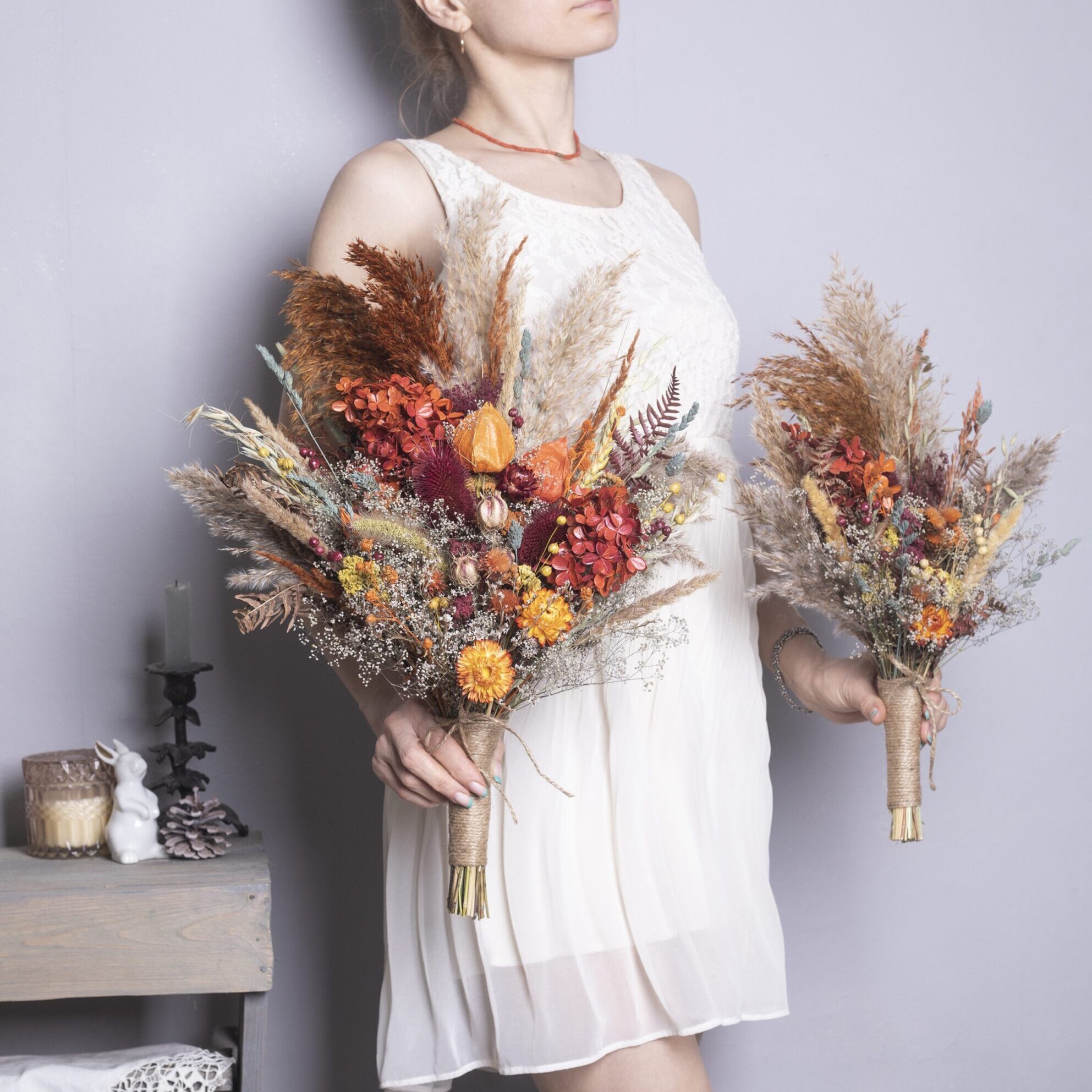 Orange Burgundy Wedding bouquet Set - burgundy orange pampas grass thistle 4