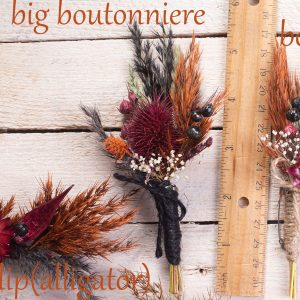 Orange blue emerald green wedding bouquet – fall autumn with pampas grass thistle teasel dried flowers