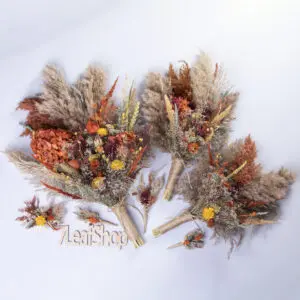 Orange Burgundy Wedding bouquet Set - burgundy orange pampas grass thistle