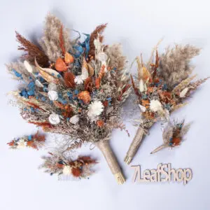 Teal blue Wedding bouquet Set - burnt orange pampas grass