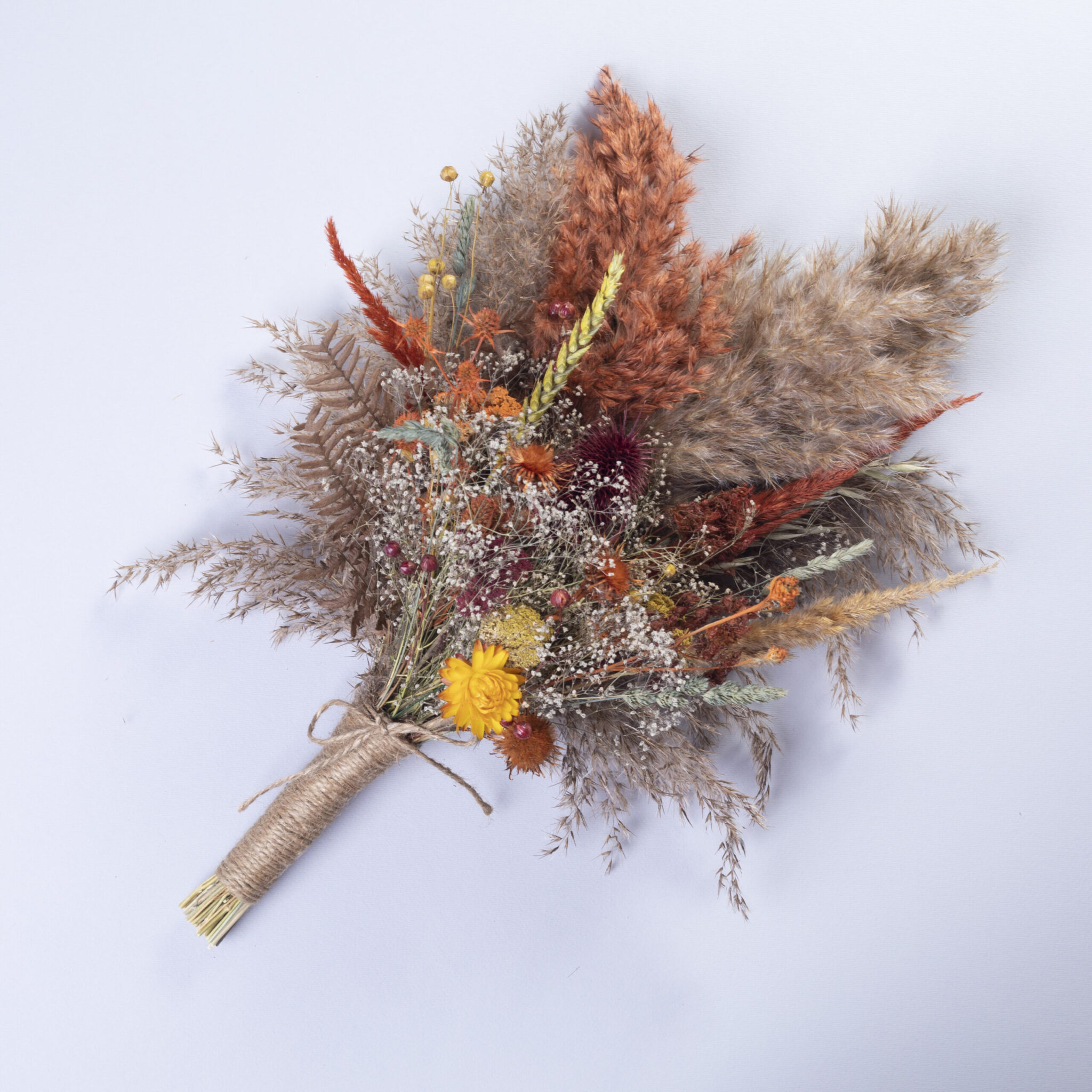 Autumn Bridesmaid Wedding Bouquet with Hydrangea – fall burgundy burnt orange thistle pampas grass wildflower